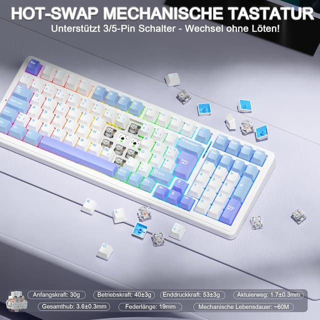Detalle de AULA F99 mechanische Gaming-Tastatur (kabellos) mit QWERTZ, Hot Swap, BT5.0/2,4 GHz/USB-C und RGB