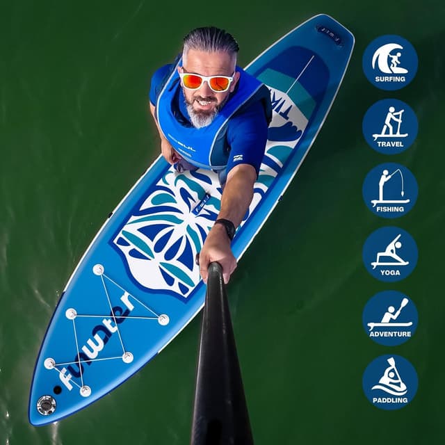 Detalle de FunWater Tavola Gonfiabile SUP con pinne, pagaia, pompa e zaino