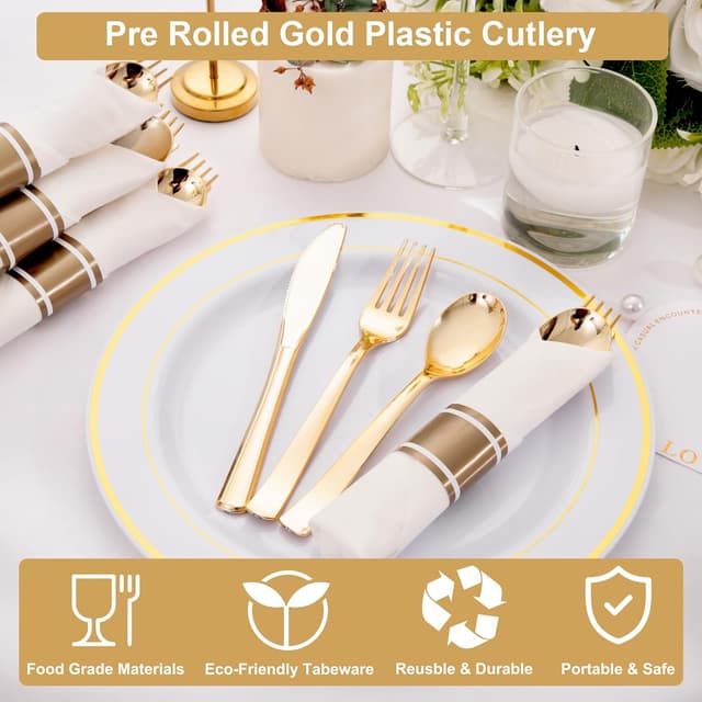 Detalle de Joyido 50Guests Pre-Rolled Gold Plastic Silverware Set (50 Forks, 50 Knives, 50 Spoons + Napkins) — Heavy-Duty Disposable Cutlery