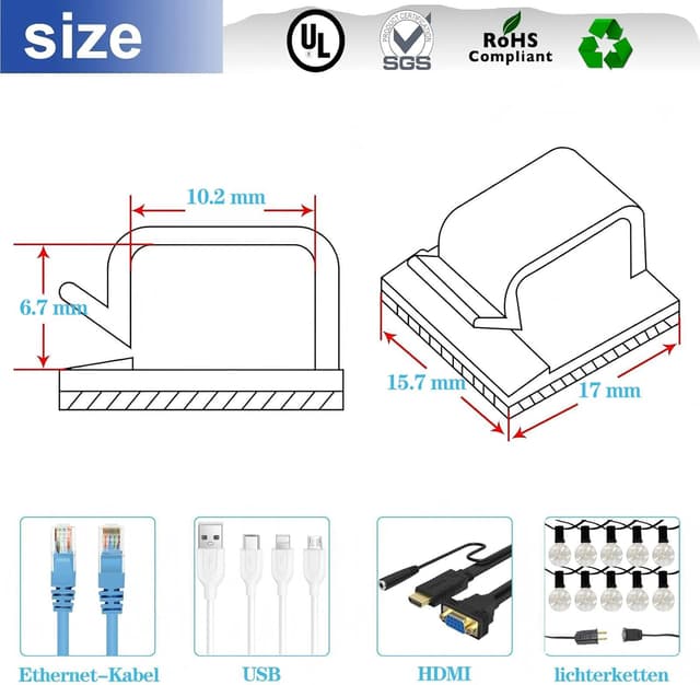 Detalle 2 de KLJ Kabelhalter-Haken für Lichterketten, selbstklebende Kabelclips (Schwarz), 100er Set