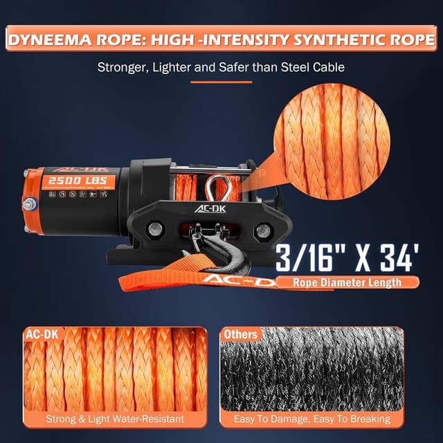 Detalle 1 de AC-DK 2500 lb ATV/UTV Winch Kit with Synthetic Rope, 12V Motor, Wireless Remote & Mounting Plate