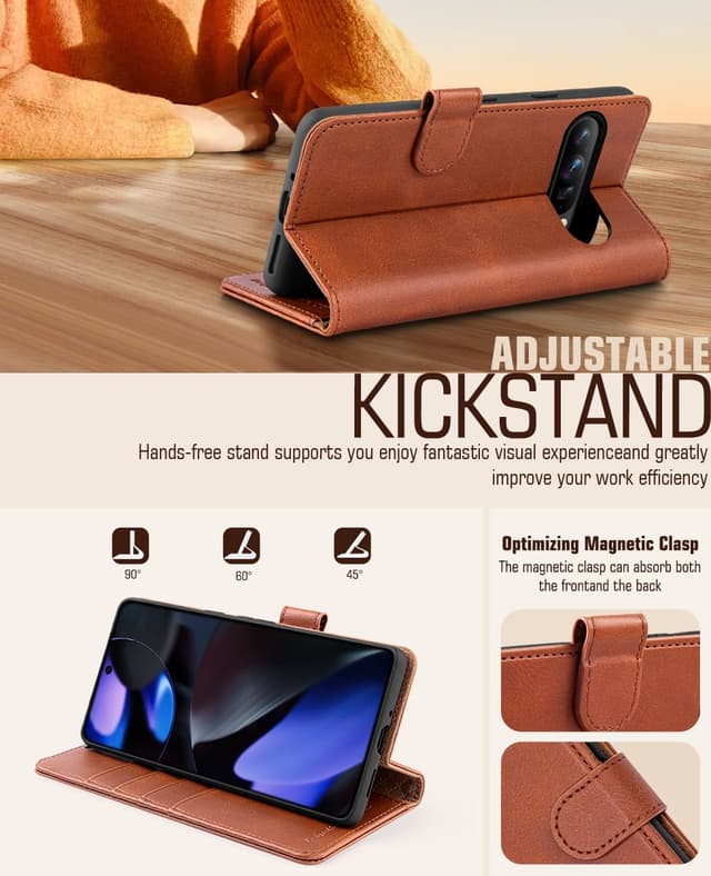 Detalle 2 de OCASE Kompatible Hülle für Google Pixel 9 Pro XL – PU Leder-Flipcover mit Kartenfach, Standfunktion und RFID-Schutz (braun)