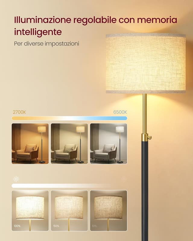 Detalle 2 de VASAGLE Lampada da terra e da lettura LFL005BD02 (altezza regolabile 140–170 cm), oro e nero con telecomando