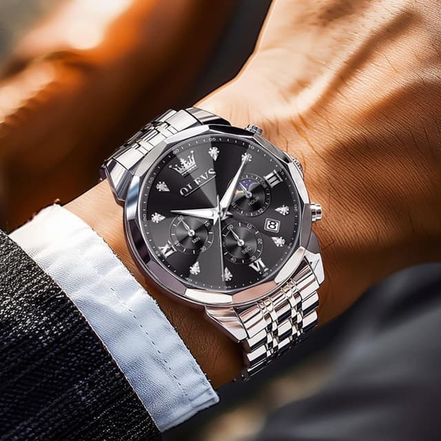 Detalle de OLEVS Herren Uhr Quarz „Luxus Business“ mit Chronograph, Mondphase, Datum und Edelstahlarmband