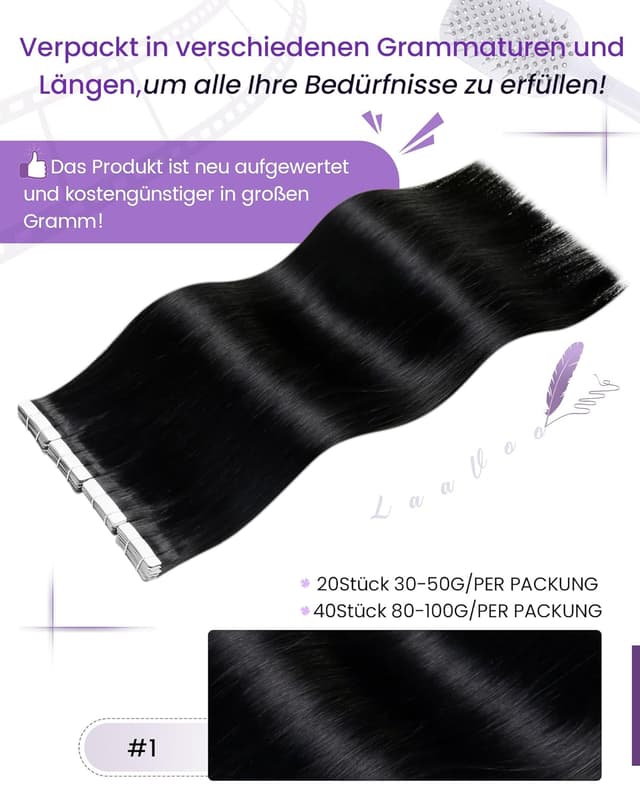 Detalle de LaaVoo Tape Extensions Echthaar Schwarz 45 cm (20 Stück, 50 g) – Tape-in Echthaar für natürliche Längen