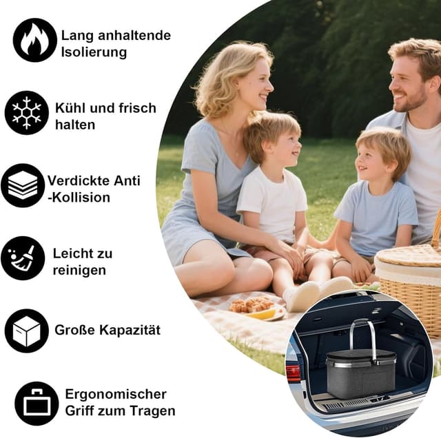 Thumbnail 6 de ALLCAMP Groß faltbare isolierte Kühltasche mit Einkaufskorb & Deckel (Thermo-Picknickkorb für 2 Personen)