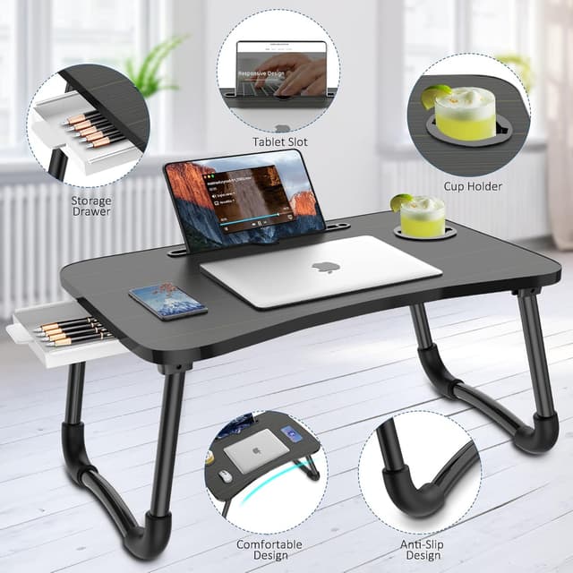 Detalle 2 de Zapuno Foldable Laptop Bed Table with Storage Drawer, Cup Holder & Phone/Tablet Slot (Arc Shape)