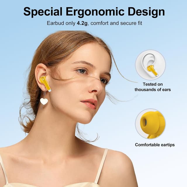 Detalle de QXQ Bluetooth Kopfhörer (Sport In-Ear) mit 4 ENC Mikrofonen, 40 Std Laufzeit und LED-Anzeige – Gelb