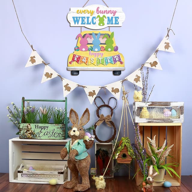 Detalle de HPNIUB Happy Easter Rabbit Welcome hanging front door sign (wood plaque with rope)