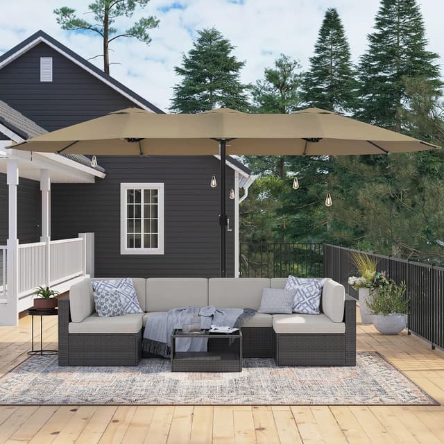 Detalle 2 de SONGMICS Parasol Double UPF 50+ 460 x 270 cm avec manivelle (taupe) — GPU36BR, grand format sans socle