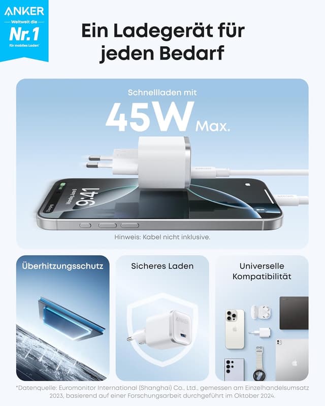 Detalle 2 de Anker Nano 45W USB‑C Ladegerät (kompaktes Netzteil) inkl. 1,8 m USB‑C Kabel – Schnellladen für iPhone, iPad, MacBook & mehr