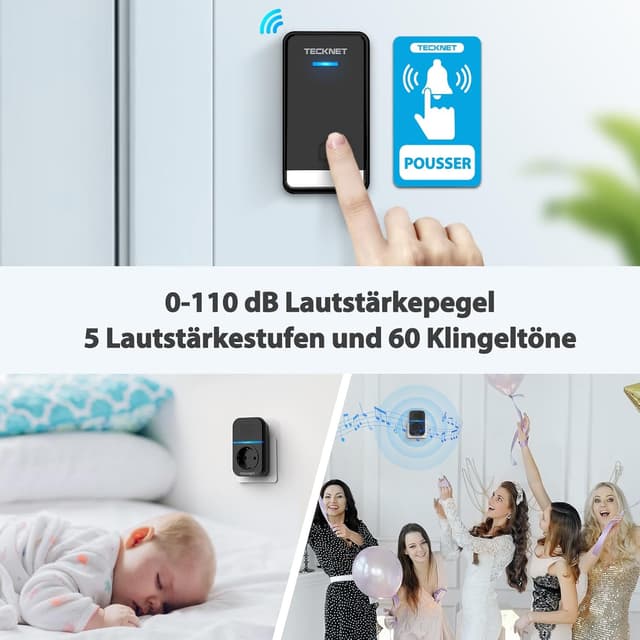 Detalle 2 de TECKNET Kabellose Türklingel mit 110 dB