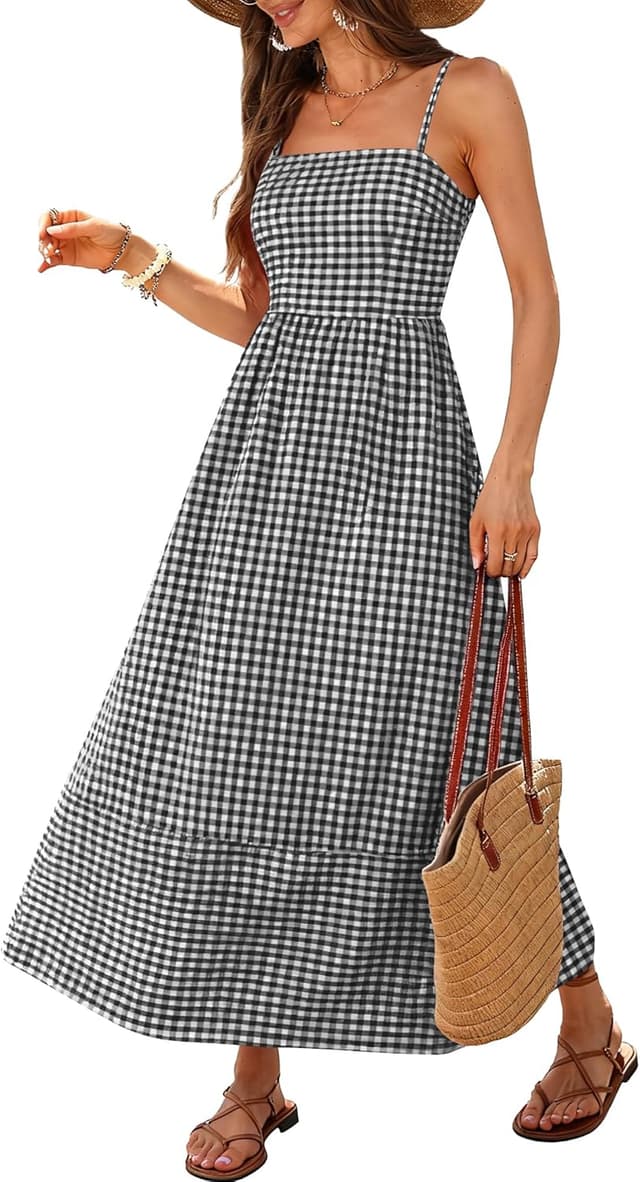 Thumbnail 6 de Caracilia Women’s Gingham Spaghetti Strap Back Smocked Maxi Dress (Rayon) with Pockets