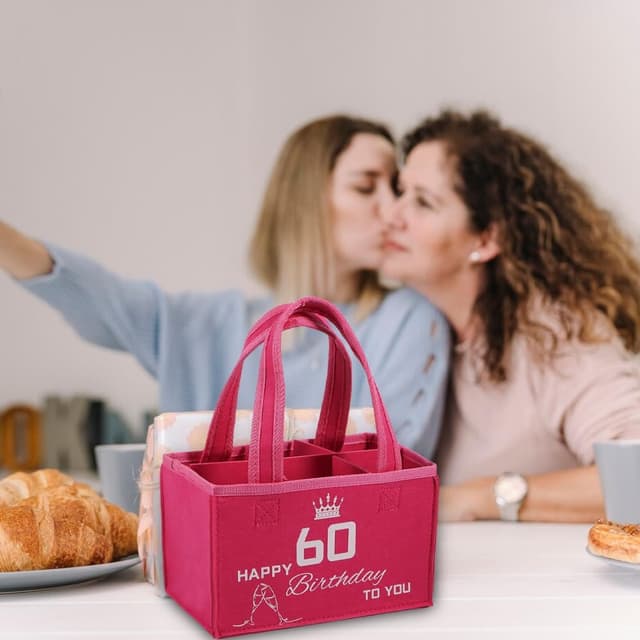 Detalle de Flaschentasche zum 60. Geburtstag Frau – lustige Filztasche für bis zu 6 Champagnerflaschen (24 x 15 x 15 cm)