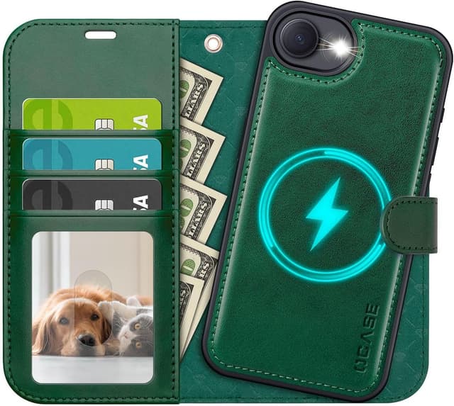 Detalle de OCASE 2-in-1 iPhone 16e/17e Handyhülle mit Kartenfach, abnehmbarer magnetischer Wallet & Handschlaufe – Dunkelgrün
