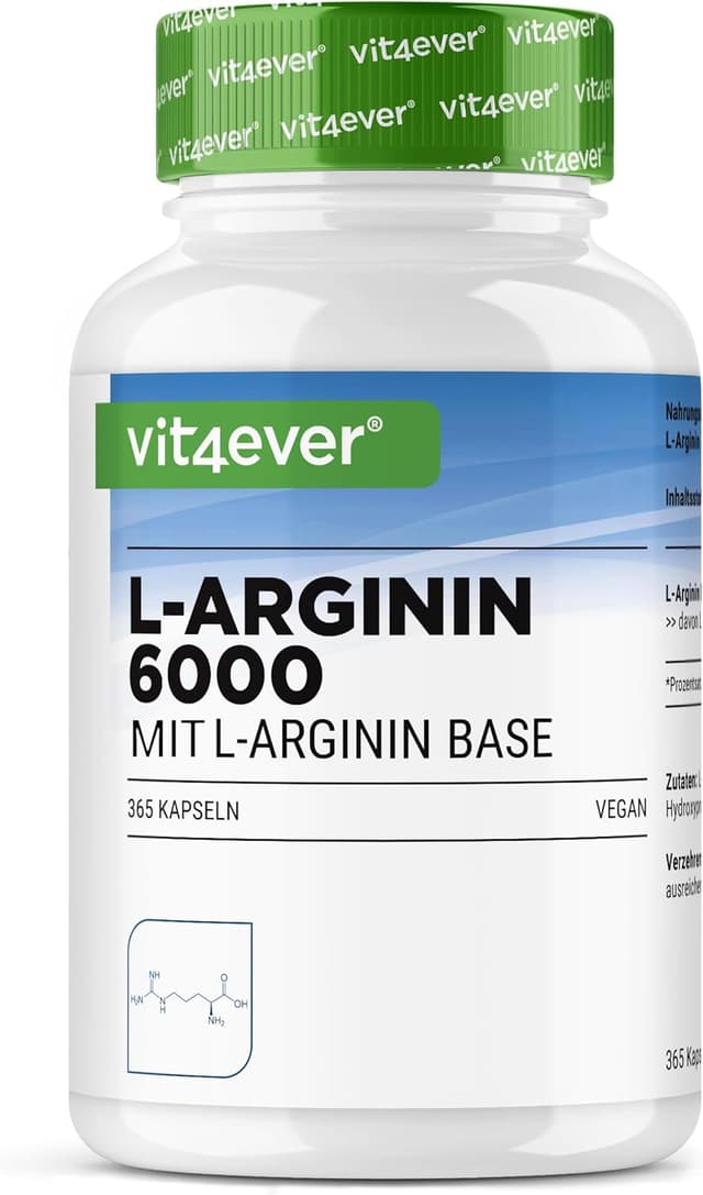 Detalle de vit4ever L-Arginin 6000 mg – 365 Kapseln (reines L-Arginin Base, vegan)