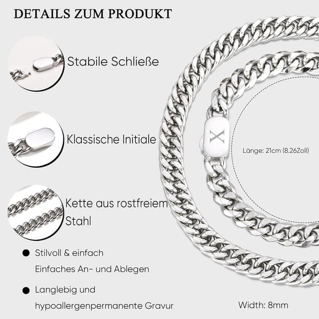 Detalle de XUANPAI Initiale Armbänder für Männer (A–Z) – 316L Edelstahl Cuban-Link mit Initiale, 21 cm