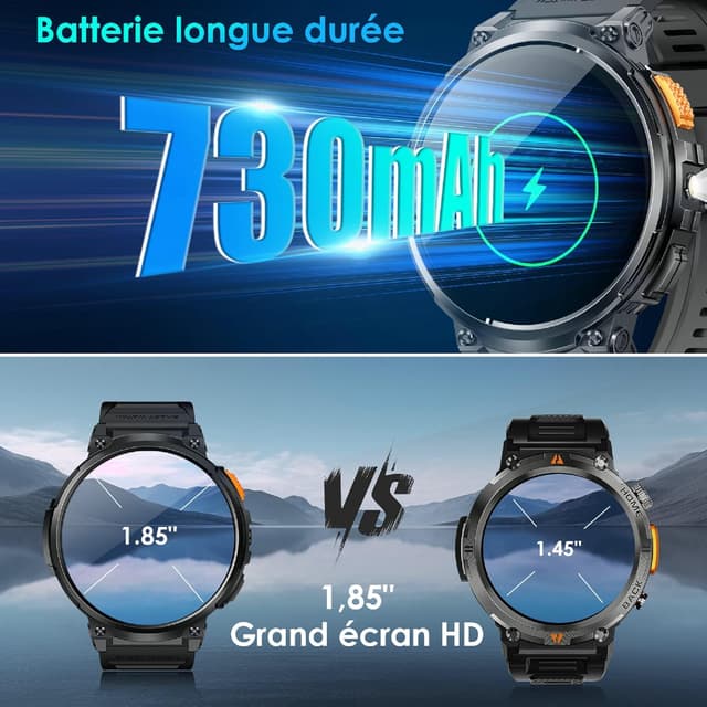 Detalle 2 de Montre connectée homme avec appels Bluetooth et écran HD 1,85" – Étanchéité IP68, batterie 730 mAh