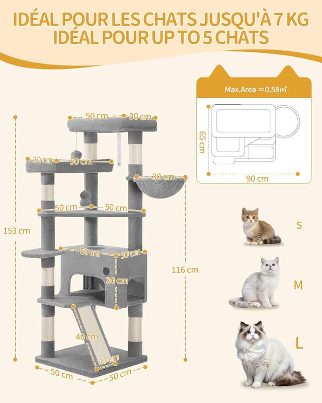 Detalle de Hzuaneri Arbre à chat 153 cm gris clair MS15418LGV1 : spacieux, stable et pensé pour griffer