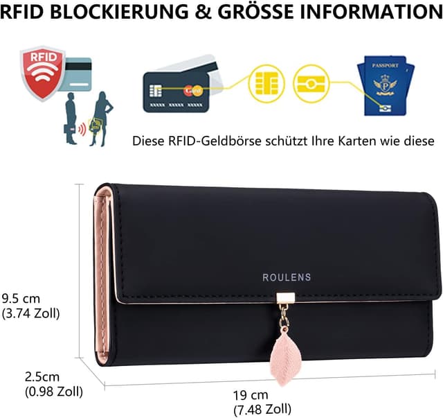 Detalle de Roulens RFID Blockierung Damen-Geldbörse mit 9 Kartenfächern und Münzfach