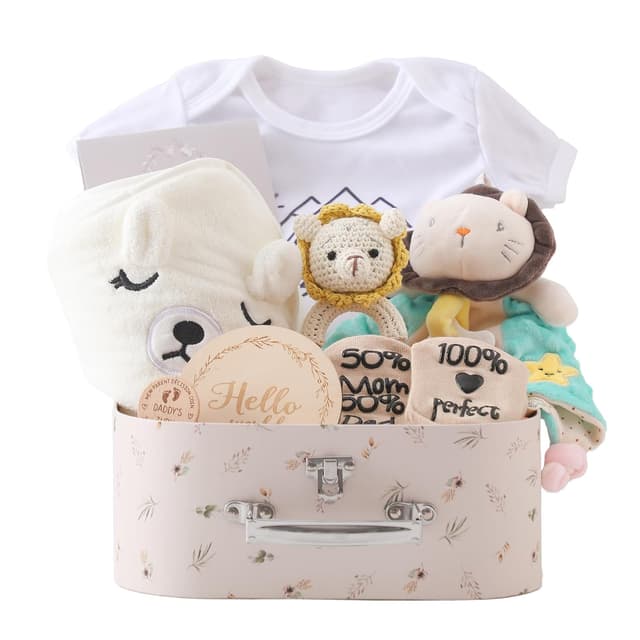 Detalle de Promise Babe Baby Geschenk Set zur Geburt (Junge/Mädchen) – Badetuch, Babydecke, Strampler, Socken, Holzgreifling & Rassel