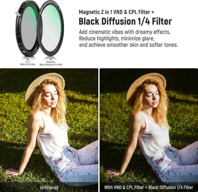 Detalle 1 de NEEWER 77mm Versatile Magnetic ND Filter Kit (ND2–ND32 + CPL, ND32, Black Diffusion 1/4)