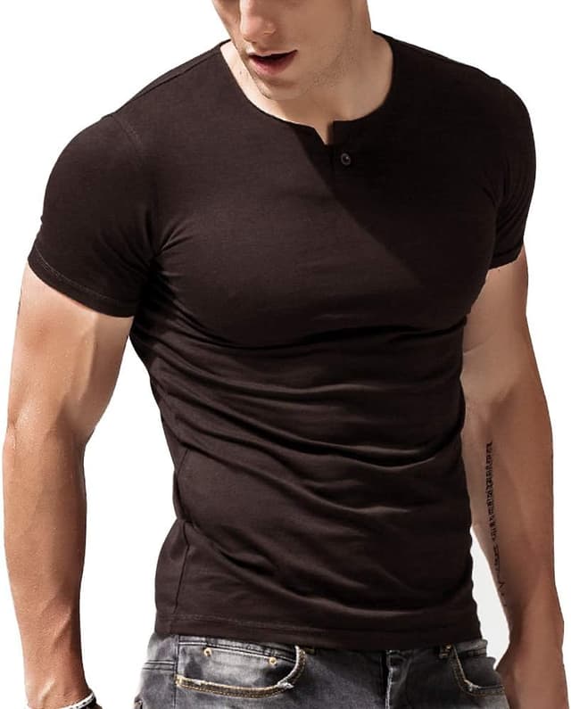 Detalle 2 de T-shirt Henley manches courtes en coton extensible à col V avec boutonnage – pour homme, Muscle Slim Fit