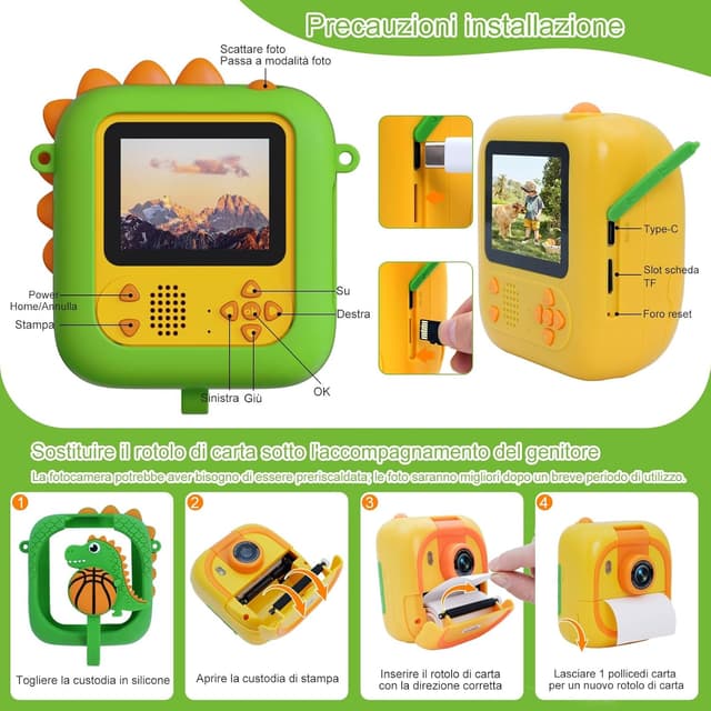 Detalle 2 de ARNSSIEN Macchina Fotografica Bambini istantanea con obiettivo 180° flip e schermo 2,4" (1080P) – kit con carta e colori