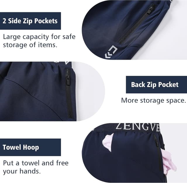 Detalle de Mens Gym Running Shorts Athletic 1/3 Pack with Zip Pockets – Quick-dry Lightweight Training Shorts