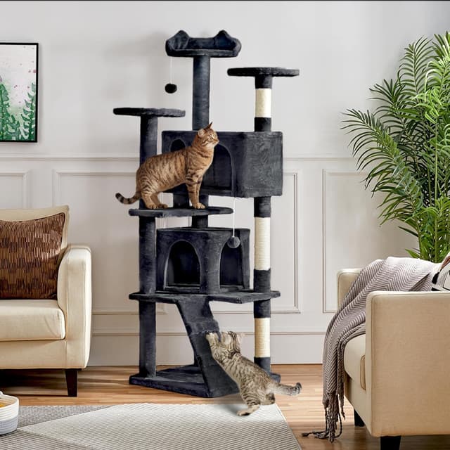 Detalle 2 de Yaheetech 178cm Multi-level Cat Tree Tower with 2 Condos, 2 Platforms and 3 Scratching Posts