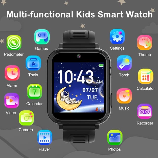 Detalle de Phyulls Smart Watch for Kids (Black) with Selfie-Cam, 39 Games, Camera/Video, Alarm & Calculator
