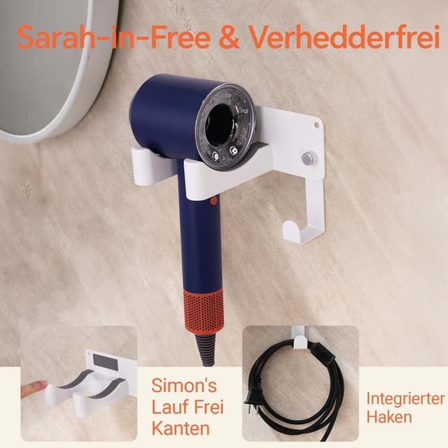 Detalle de CHOCHYAH Föhn Halterung ohne Bohren aus SUS304-Edelstahl – Wandhalterung für die meisten Haartrockner (weiß)