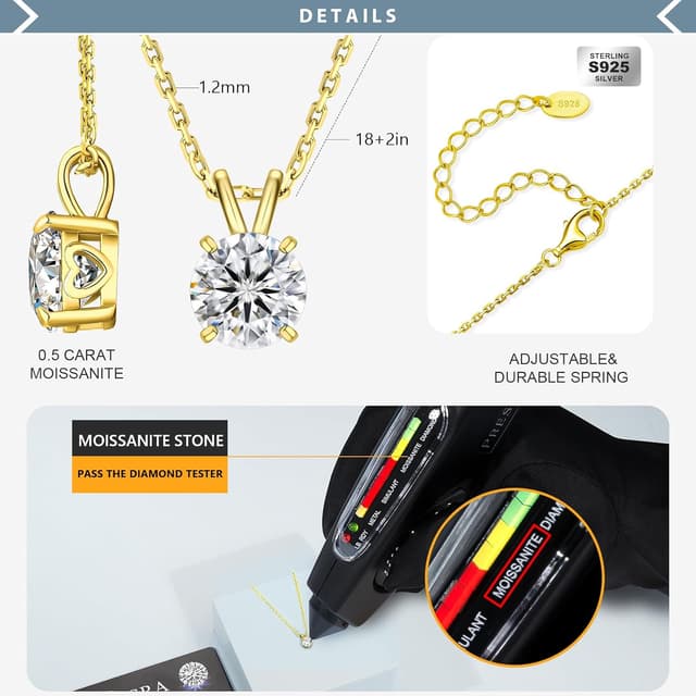 Detalle 2 de KRKC&CO Moissanit-Anhänger-Kette aus 925 Sterling Silber (Solitär Halo) – Damen, VVS1, D-Farbe