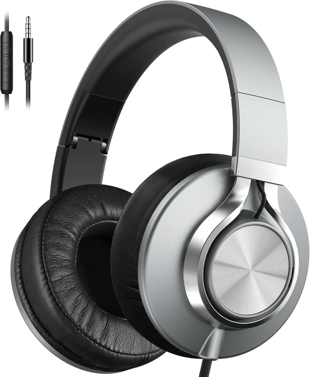 Detalle de AILIHEN C90 Wired Over-Ear Headphones with Microphone and Inline Volume Control (3.5mm, Grey)