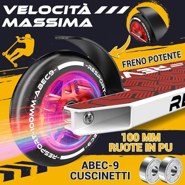 Detalle de RE:SPORT Stunt Scooter REVO con supporto, ruote 100 mm in poliuretano e cuscinetti ABEC 9