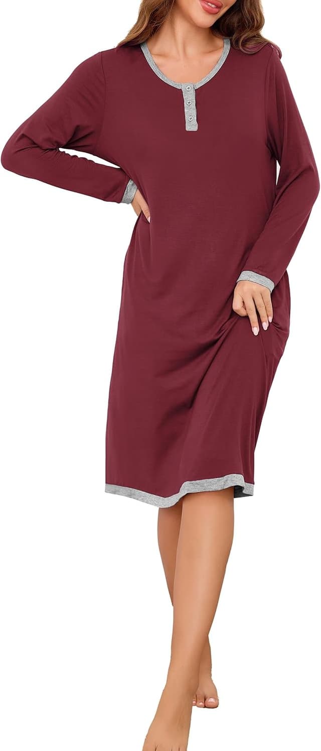 Thumbnail 6 de Wikoan Women’s long sleeve nightdresses with side pockets (plus size, button-down style)