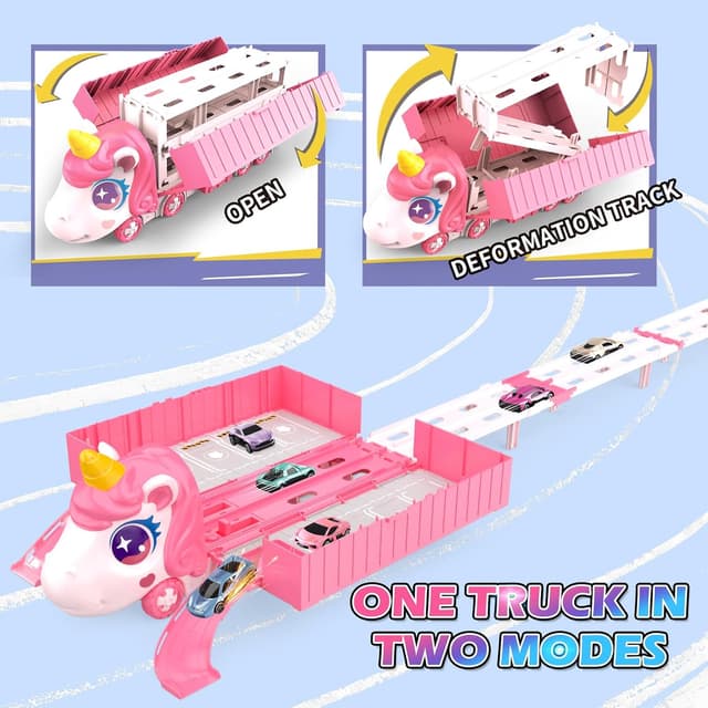 Detalle de RUIDYA Unicorn Transport Truck Toy with Foldable 160cm Race Track and 6 Die-Cast Cars
