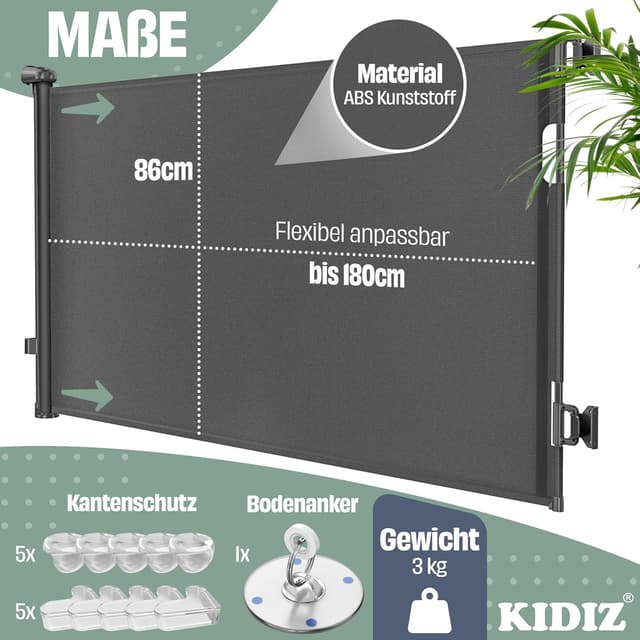 Detalle de KIDIZ Treppenschutzgitter Türschutzgitter ausziehbar (0–180 cm) – kindersicheres Absperrgitter für Treppen & Türen mit Bodenankern