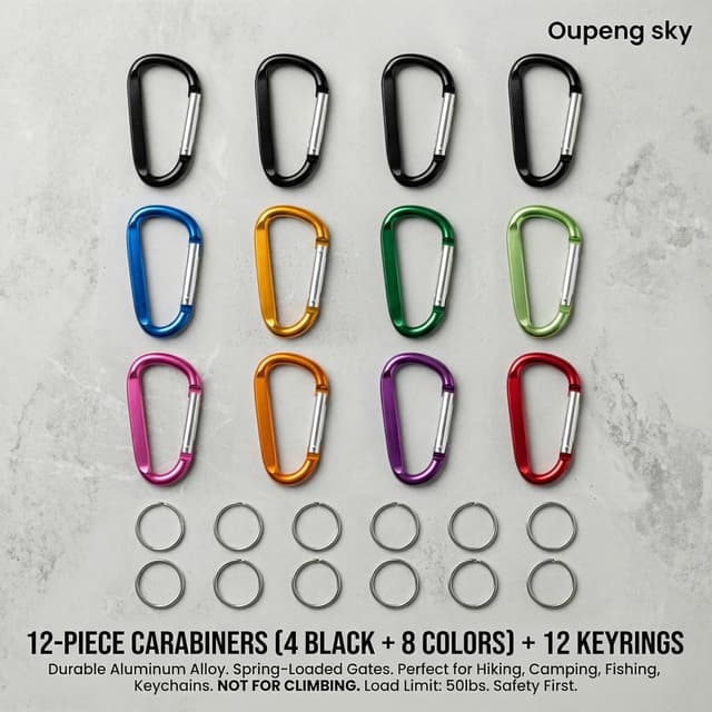Detalle de 12PCS Aluminum Carabiner Keychain Clip Set (3") — Nonlocking Spring Snap D-Ring Hooks for Keys, Camping & Travel