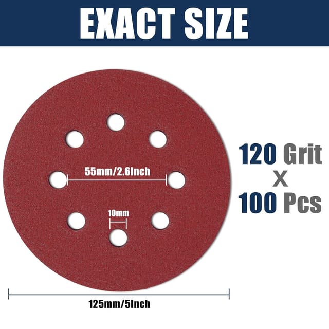 Detalle 2 de 100 Stück Schleifpapier 125 mm Klett – Exzenter-Rundschleifpapier mit 8 Löchern, 120 Körnung