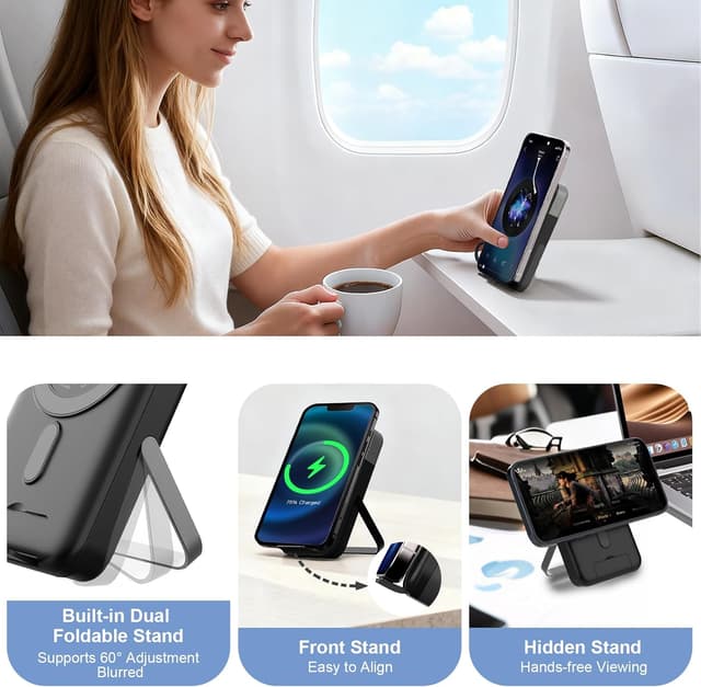 Detalle de JUOVI Batterie Externe Magnétique 10000 mAh sans fil 22,5 W avec écran LED et double support