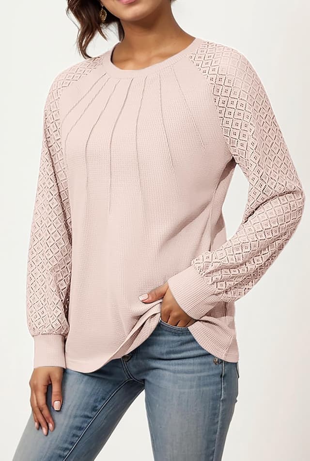 Detalle 2 de Timuspo Spitzen Oberteil Damen aus Waffelstrick – Rundhals Tunika mit langen Ärmeln