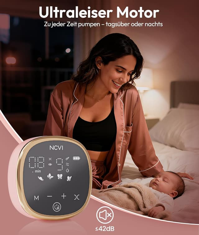 Detalle de NCVI elektrische Milchpumpe mit 4 Modi, 9 Stufen, 40 dB & Anti-Rückfluss – USB-ladbar (inkl. Beutel & Stilleinlagen)