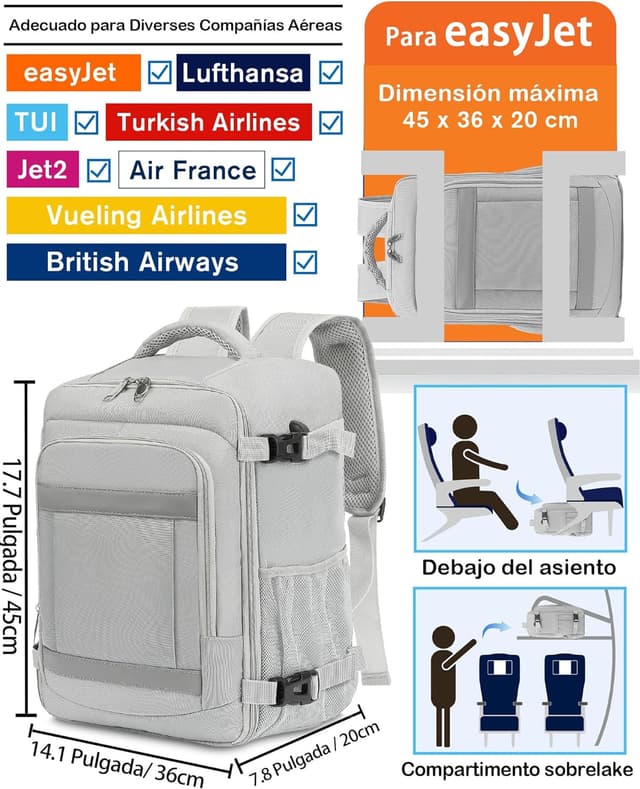 Thumbnail 1 de KLOSTAIN Mochila de Viaje Cabina para Avión ✈️ 30L Gris Claro