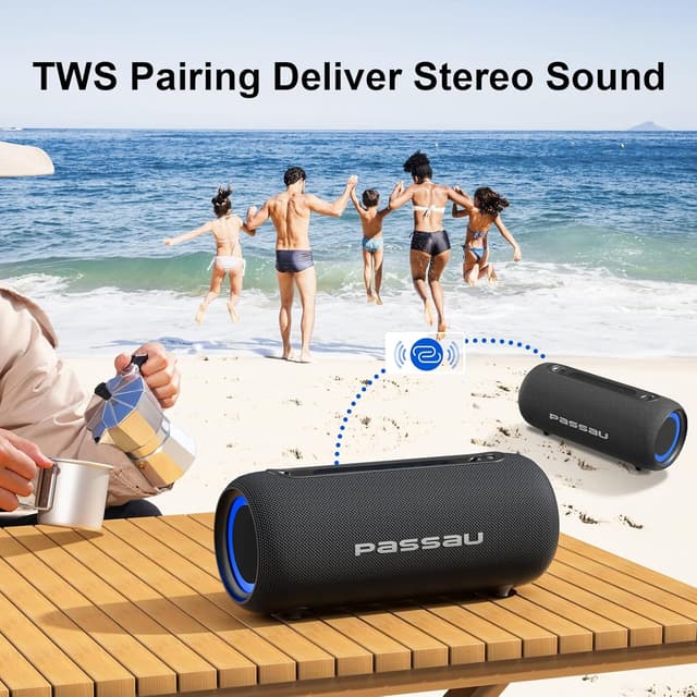 Detalle de Passau Portable Bluetooth Speakers 40W Peak (BT 5.3) with Passive Radiators, IPX5, RGB Lights, Adjustable Strap