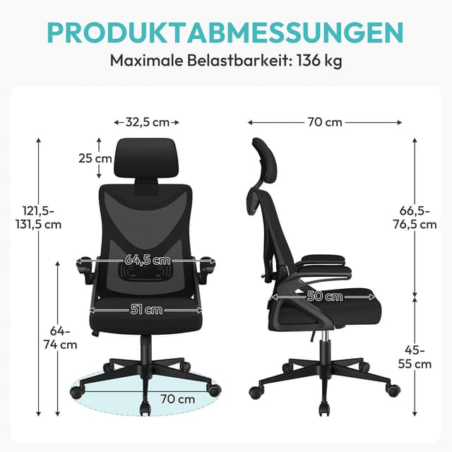 Detalle 2 de Yaheetech Bürostuhl ergonomisch mit hochklappbaren Armlehnen, Kopfstütze & Wippfunktion (EN1335, bis 136 kg, schwarz)
