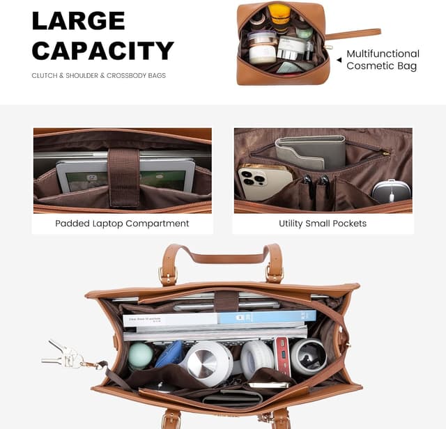 Detalle de LOVEVOOK Laptop Tote Handbags for Women (15.6 inch) – Brown waterproof work bag with makeup pouch