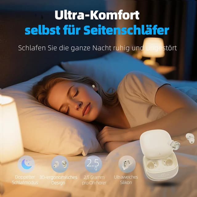 Detalle 2 de ZOVIMAX Bluetooth Schlafkopfhörer für Seitenschläfer – kabellos, White Noise & 6 EQ Sleep Earbuds