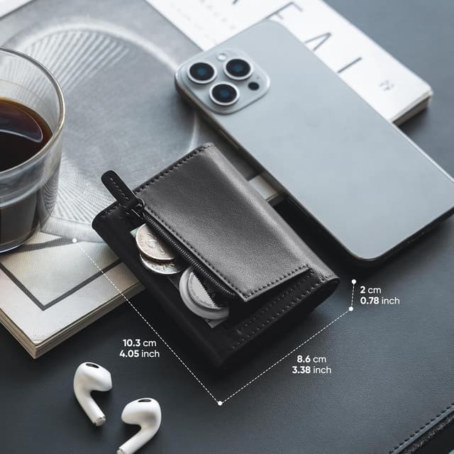 Detalle 2 de VULKIT Portefeuille compact en cuir homme noir à 3 volets avec blocage RFID et poche zippée