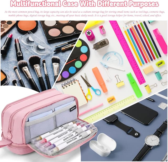 Detalle 2 de Howala Large Capacity Pencil Case with 4 Compartments (Pink) – canvas pen pouch for school and travel